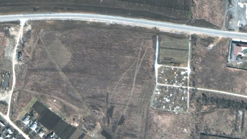 A satellite image made available by Maxar Technologies from March 19th of a cemetery on the northwestern edge of Manhush, some 20km west of Mariupol, Ukraine. Photograph: Maxar Technologies Handout/EPA