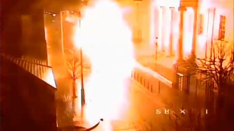 PSNI CCTV footage of the car bomb exploding outside Derry courthouse.