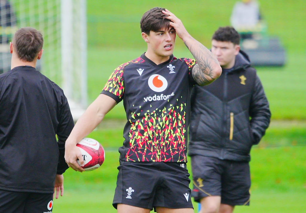 Wales' Louis Rees-Zammit during a training session. Photograph: Ben Birchall/PA Wire