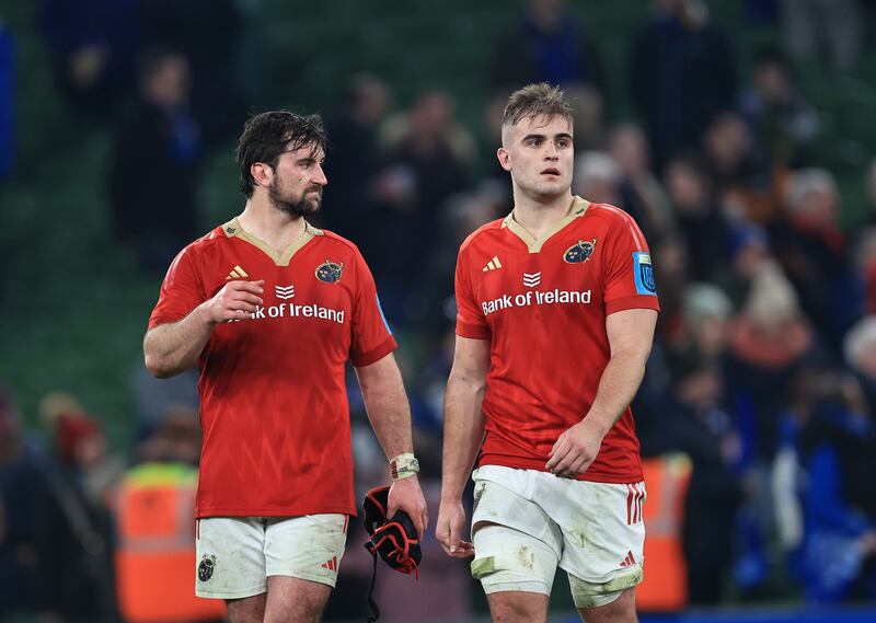 Diarmuid Barron (left) impressed for Munster at the Aviva Stadium on Saturday. Photograph: Billy Stickland/Inpho