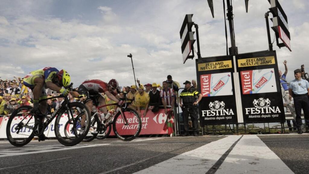 Germany’s Andre Greipel (right) sprints to win ahead of Slovakia’s Peter Sagan  at the end of the 166km second stage  of the Tour de France  between Utrecht and Neeltje Jans island in the Dutch city of Vrouwenpolder in Zeeland province. Photograph:  Alix Guigon/AFP/Getty Images