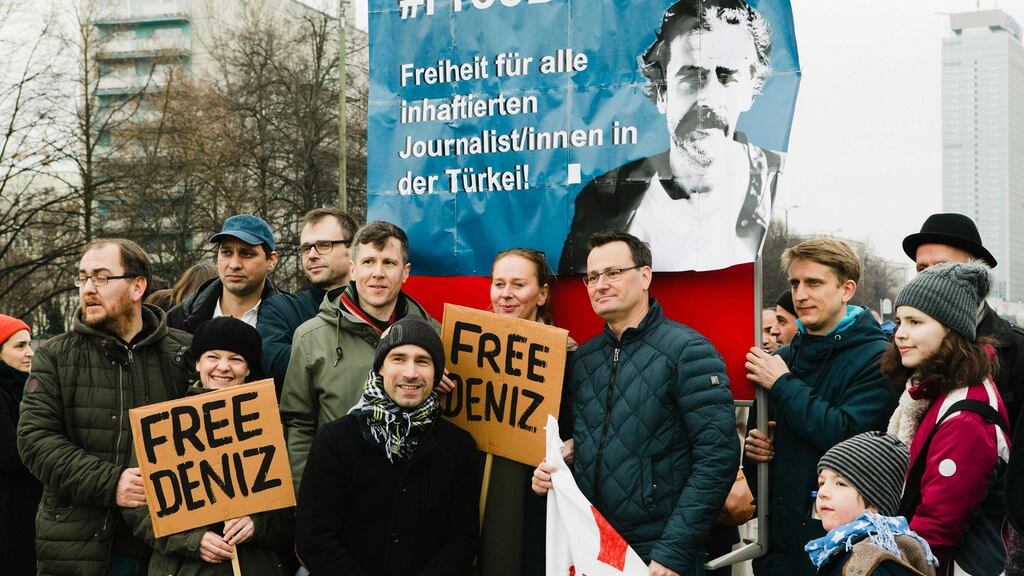 People demonstrate for the release of Deniz Yücel, Turkey correspondent of German newspaper Die Welt who is in custody of the Turkish police. Photograph: afp photo