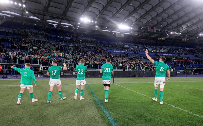 Craig Casey, David Kilcoyne, Jack Crowley, Peter O'Mahony and Jack Conan show their appreciation to the travelling Ireland supporters at the Stadio Olimpico. Photograph: Dan Sheridan/Inpho