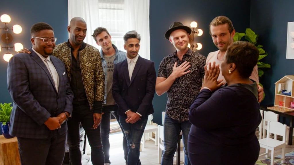 Queer Eye: Myles, Karamo Brown, Antoni Porowski, Tan France, Bobby Berk, Jonathan Van Ness and Tammye. Photograph courtesy of Netflix