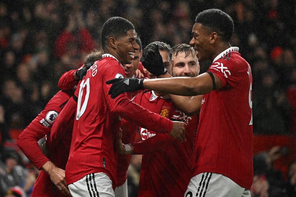 Manchester United's Marcus Rashford celebrates with opening the scoring against Nottingham Forest at Old Trafford on Tuesday night. Photograph: Oli Scarff/AFP via Getty Images