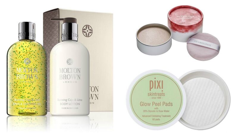 Molton Brown Bursting Caju & Lime Shower Gel; Prismologie Pink O’Clock Body Balm; Pixi Glow Peel Pads