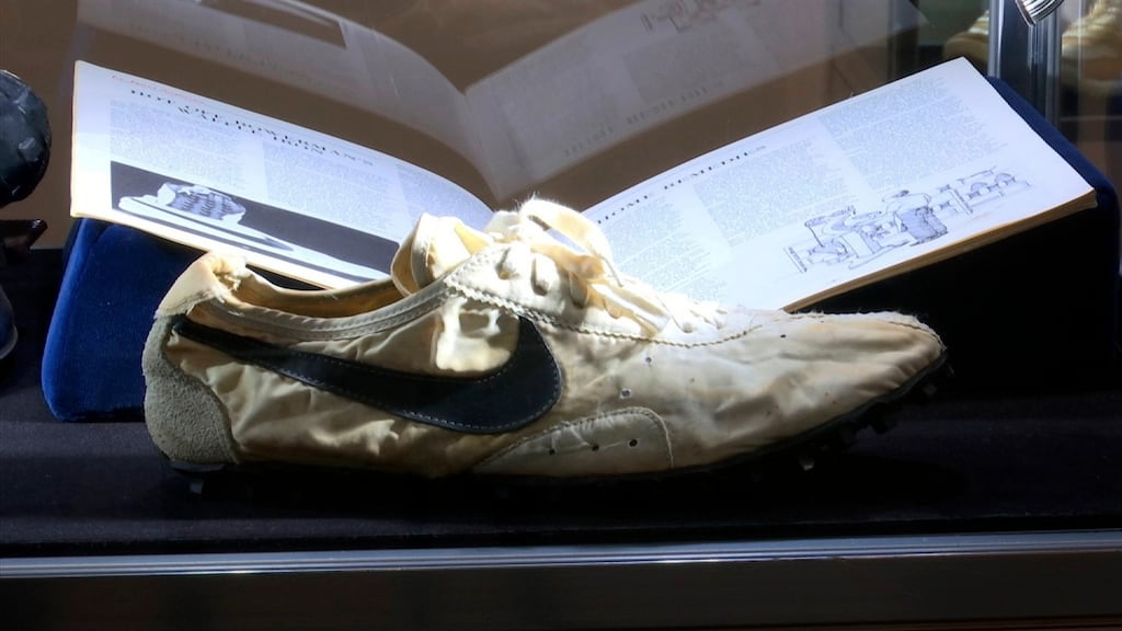The Nike hand-made Moon Shoe, designed by Nike co-founder Bill Bowerman in 1972, on display in New York. Photograph: Ted Shaffrey/AP