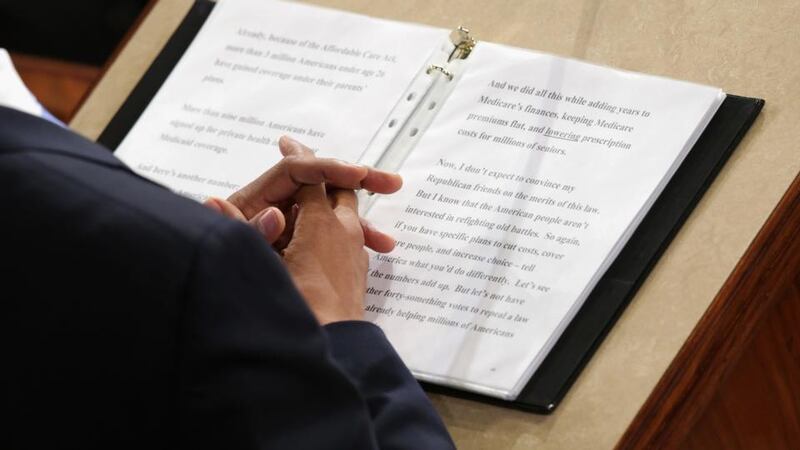 A close-up of speech President Barack Obama delivered to a joint session of Congress in the House Chamber at the US Capitol in Washington, DC. Photograph: Getty Images