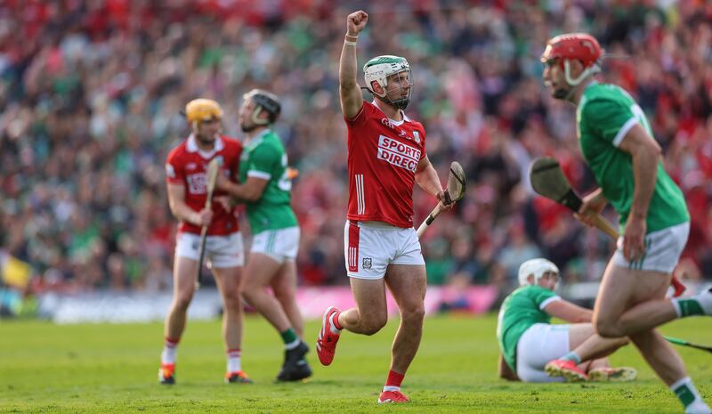 Cork's Shane Kingston celebrates a score during the Munster final against Limerick. Photograph: James Crombie/Inpho