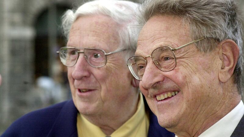 George Soros with Garret Fitzgerald at Trinity College in March 2004. Photograph: Cyril Byrne