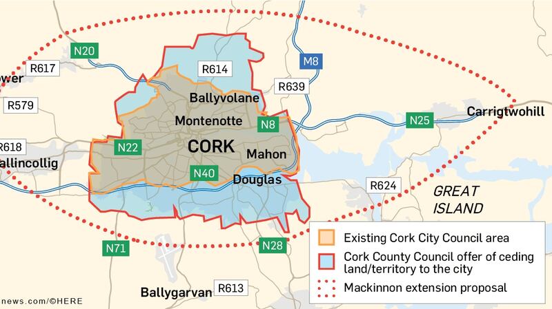 A graphic showing the proposals for the expansion of Cork city. Irish Times graphics