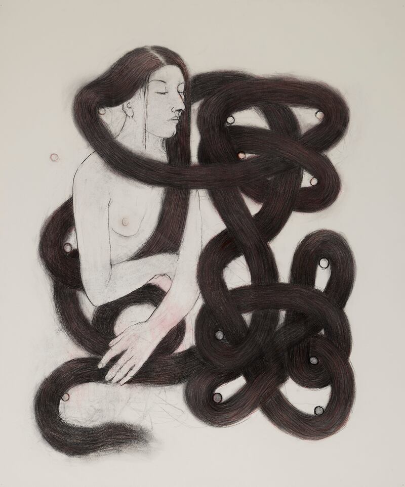 Alice Maher RHA, Mary Magdalene listening to her hair, 2023. Charcoal, pencil and chalk on 300g paper; 122cm x 102cm at the RHA Annual 2023