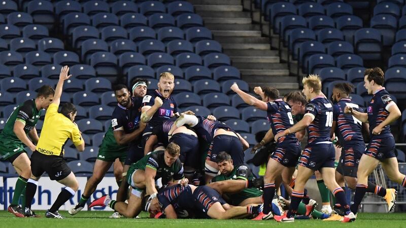Edinburgh’s Mike Willemse scores his team’s second try against Connacht. Photograph: Inpho