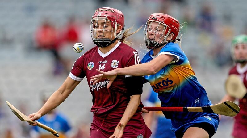 Galway’s Orlaith McGrath is tackled by Karen Kennedy of Tipperary during the All-Ireland camogie semi-final at Croke Park. Photograph: Evan Treacy/Inpho