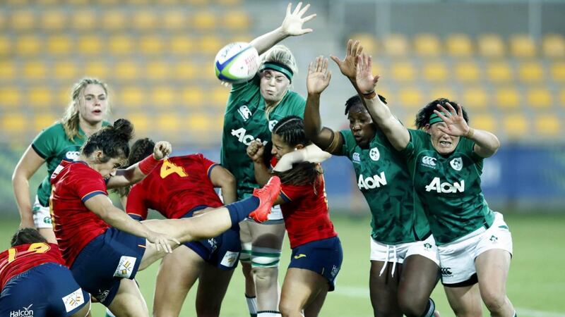 Ireland’s Sam Monaghan, Linda Djougang and Lindsay Peat try to clock the kick of Spain’s Patricia Garcia during the Rugby World Cup European Qualifying Tournament at Stadio Sergio Lanfranchi in Parma. Photograph: Matteo Ciambelli/Inpho