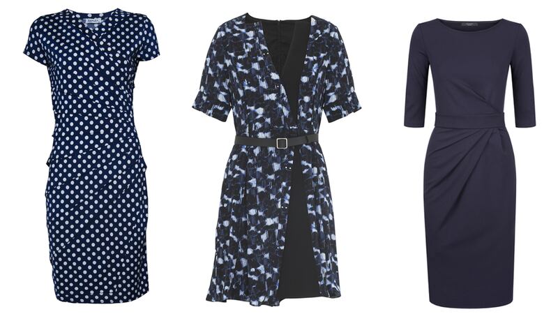 Navy and white spot dress, €79.95, Zapara at Pamela Scott. Black and navy wrap dress, €1,150, Proenza Schouler at Brown Thomas. Navy jersey dress, €175, Max Mara Weekend at Brown Thomas