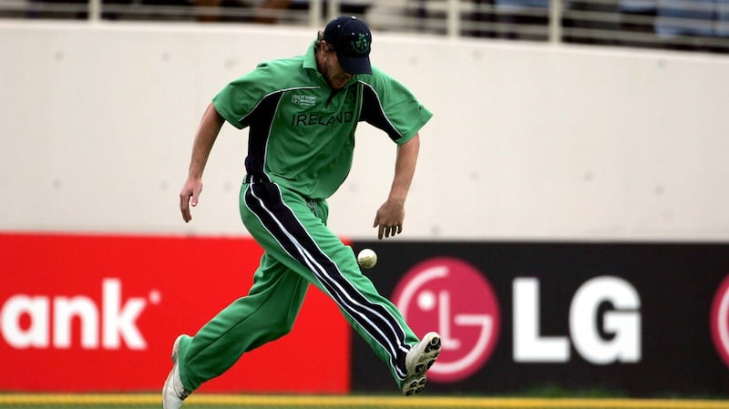 Ireland’s John Mooney, on as a sub fielder, does a celebratory Gaelic football style solo after catching Umar Gul as Pakistan were all out for 132. Photograph: Morgan Treacy/Inpho