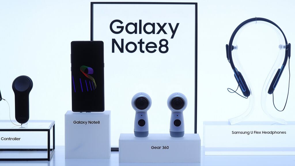 Samsung  Galaxy Note 8 smartphone   with audio accessories at the IFA Consumer electronics show in Berlin, Germany. Photograph: Krisztian Bocsi/Bloomberg
