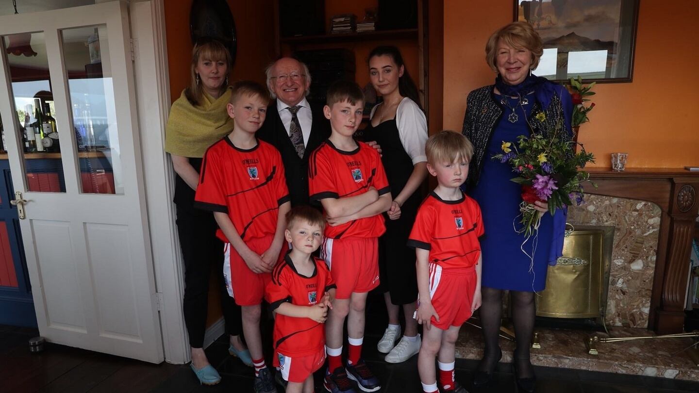 President Michael D Higgins and his wife Sabina meet Emma Mhic Mhathúna and her five children in Co Kerry. Photograph: Emma Mhic Mhathúna