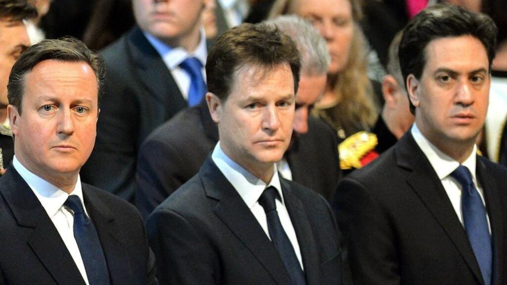 British PM David Cameron (left) with deputy PM Nick Clegg, and Labour Party leader Ed Miliband at a commemoration service for Afghanistan at St Paul’s Cathedral: all three would be in the TV debate along with the leaders of Ukip, Greens, and the nationalist parties of Scotland and Wales. Photograph: John Stillwell/Reuters