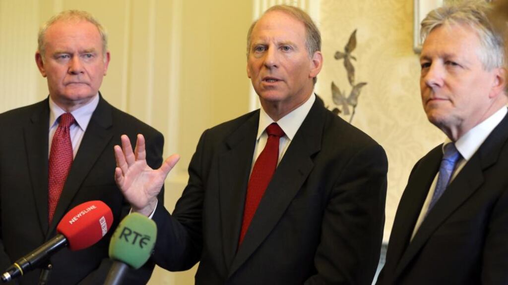 Recent events have put a sharper focus on one of the key issues raised by former White House special envoy to Northern Ireland Dr Richard Haass, pictured with Deputy First Minister Martin McGuinness and First Minister Peter Robinson in July last year. Photograph: Paul Faith/PA Wire