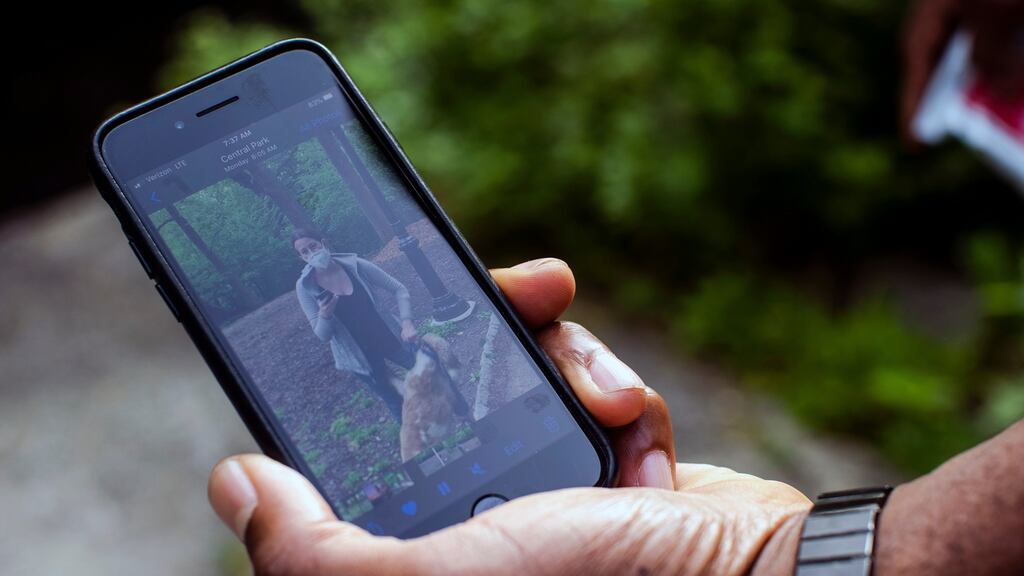 Christian Cooper displays a video recording of Amy Cooper (no relation) on his smartphone in New York’s Central Park. Her reaction to being asked to put a leash on her dog was true Karen behaviour. Photograph: Brittainy Newman/The New York Times