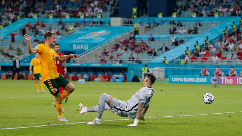 Aaron Ramsey opens the scoring for Wales against Turkey in Bauku. Photograph: PA