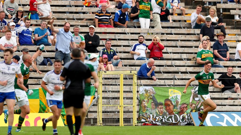Kerry’s David Clifford celebrates scoring the dramatic late equalising goal against Monaghan in Clones. Photograph: James Crombie/Inpho