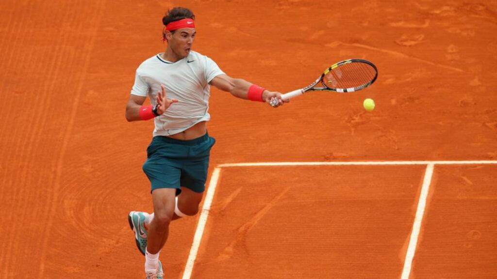 Rafael Nadal plays a forehand against Grigor Dimitrov of Bulgaria in their quarter-final match of the ATP Monte Carlo Masters. Photograph: Clive Brunskill/Getty Images