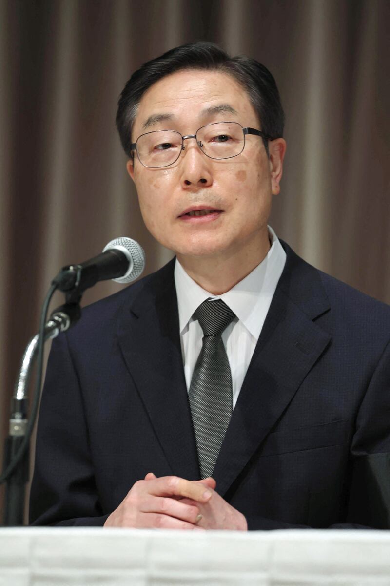 Tomihiro Tanaka, head of the Japan branch of the Unification Church, speaks during a press conference in Tokyo on Monday. He said the church was horrified by late former Japanese prime minister Shinzo Abe's "barbaric" murder. Photograph: Jiji Press/AFP via Getty Images
