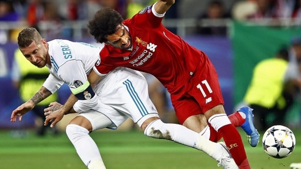 Sergio Ramos’s challenge on Mohamed Salah in the 2018 Champions League final. Photograph: Getty Images