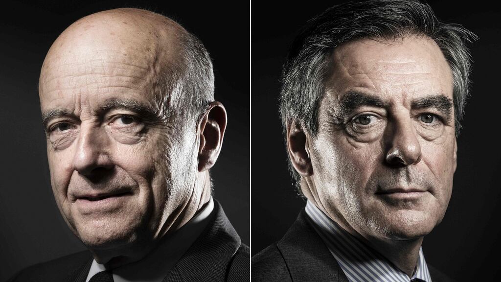 Alain Juppé  and François Fillon: The former prime ministers have knocked heads over immigration and the economy in the run-off of France’s right-wing presidential primary. Photographs: Joel Saget/AFP/Getty Images