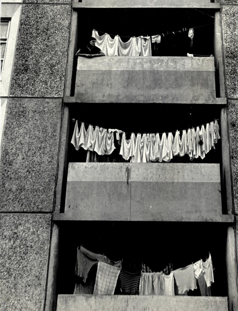 Laundry drying on balconies at one of the Ballymun tower blocks. Photograph: Jack McManus