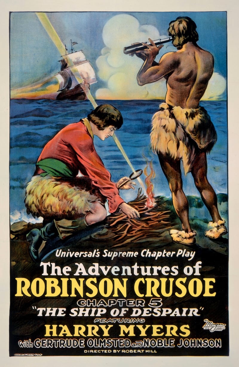 A film poster advertises the fifth episode of the serial The Adventures Of Robinson Crusoe, starring Harry Myers and Noble Johnson, 1922. Image: John D Kisch/Separate Cinema Archive/Getty
