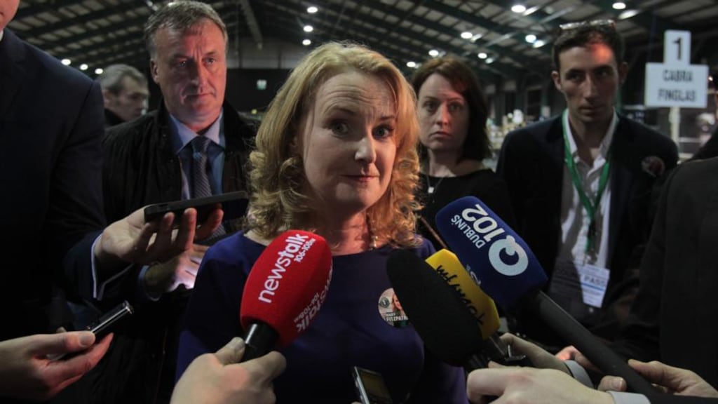 Fianna Fáil European candidate Mary Fitzpatrick speaks to reporters as counting begins in count centre at the RDS in Dublin. Photograph: PA