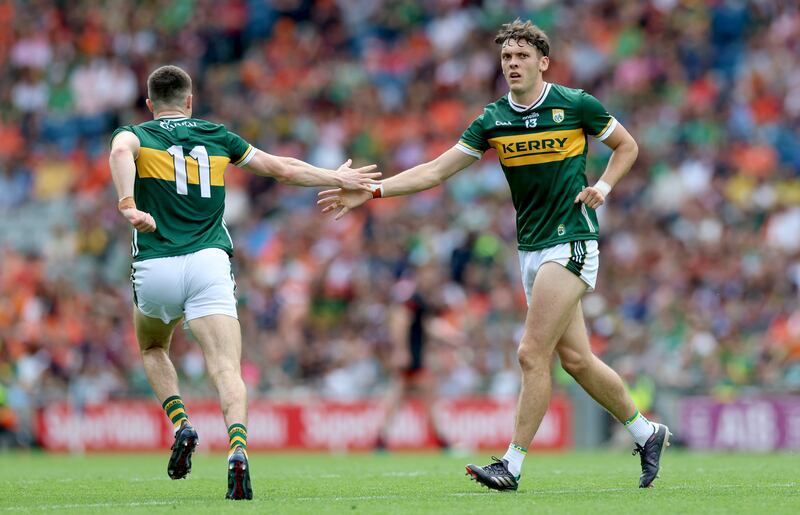 Kerry’s’ Seán O'Shea and David Clifford during the All-Ireland quarter-final against Armagh. Photograph: James Crombie/Inpho