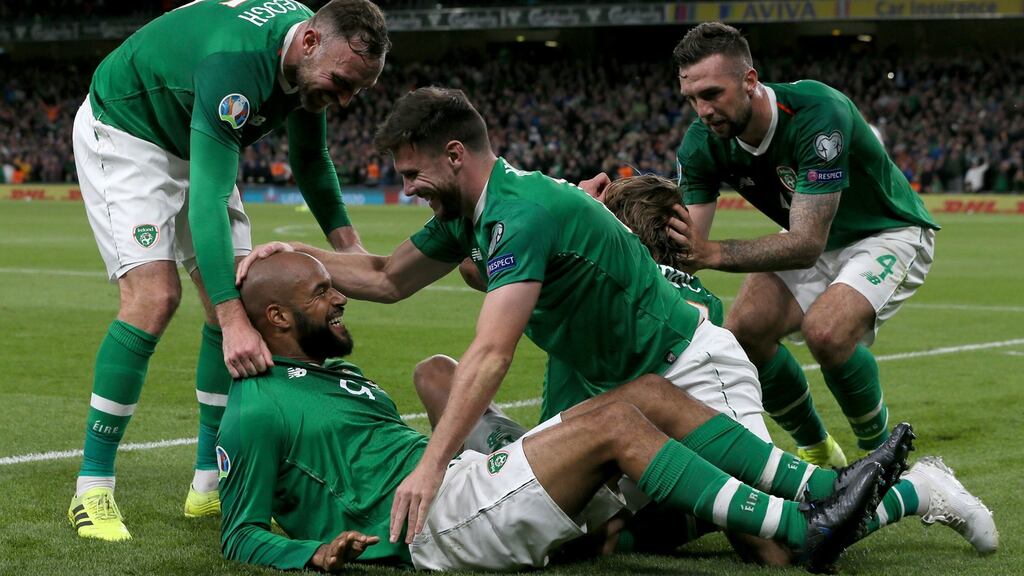 Republic of Ireland’s David McGoldrick celebrates scoring against Switzerland. Photograph: PA
