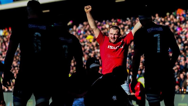 Ken Owens of Wales celebrates during the recent Six Nations clash with Scotland in Murrayfield, Edinburgh. Photograph: Tommy Dickson/Inpho