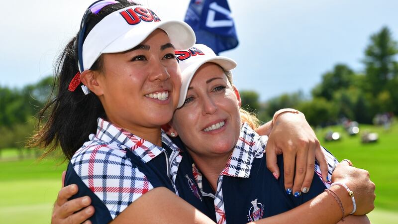 Danielle Kang and Cristie Kerr of Team USA celebrate after the final day singles matches at the 2017 Solheim Cup at Des Moines Golf and Country Club in Iowa. Photograph: Stuart Franklin/Getty Images