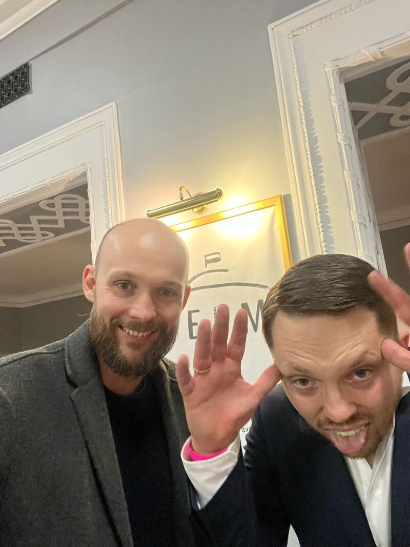 Bartek Kielbowicz and Michal Marszal at the screening of the political events in Warsaw.