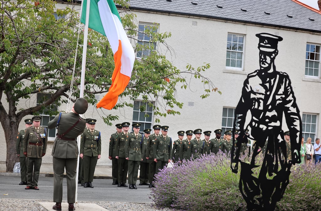 The Tricolour is raised at an event to mark the centenary of the death of Irish patriot Gen Michael Collins in Cathal Brugha Barracks, Rathmines, Dublin.
File photograph: The Irish Times