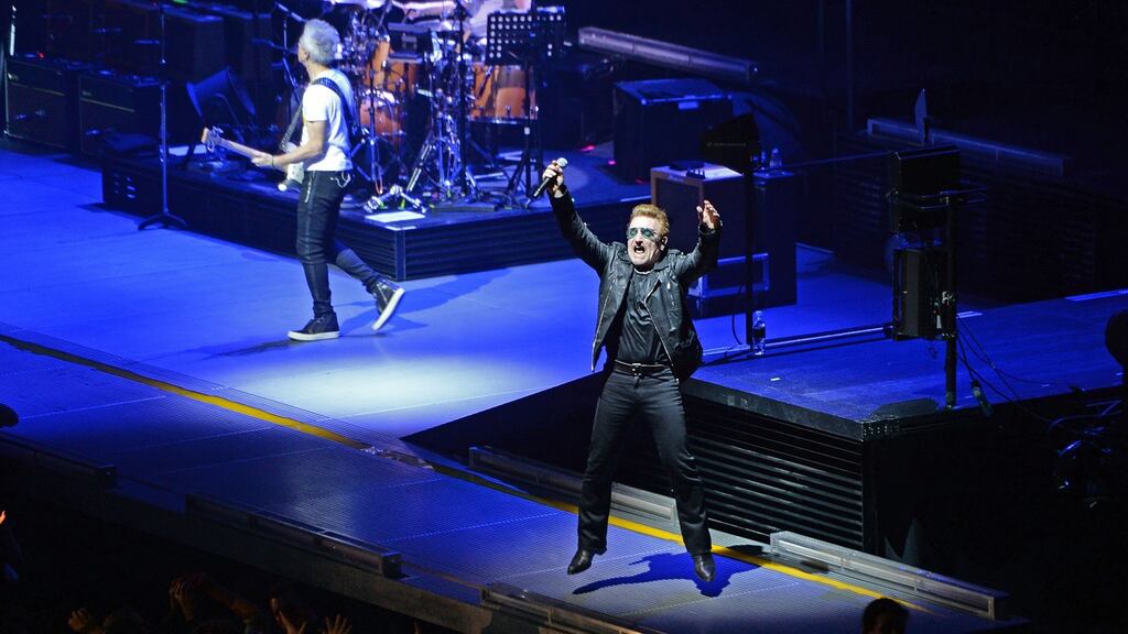 U2 performs on stage in the ‘iNNOCENCE + eXPERIENCE’ show at the 3 Arena , Dublin. Photograph: Eric Luke / The Irish Times
