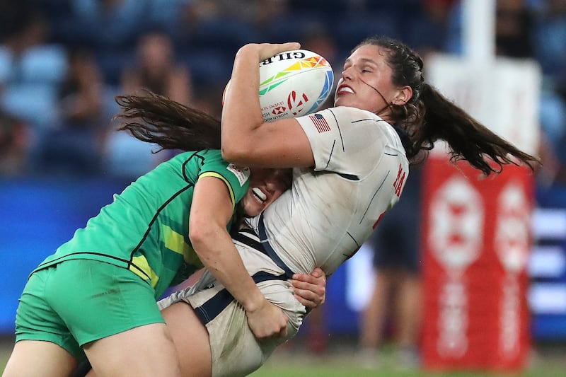 Ireland's Lucy Mulhall tackles USA's Ilona Maher during the World Rugby Women's Sevens series match between in Sydney on January 29th, 2023. Photograph: Jeremy NG/AFP via Getty Images