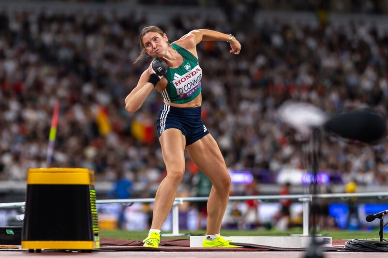Ireland’s Kate O’Connor stretches every sinew in the shot put event. Photograph: Morgan Treacy/Inpho