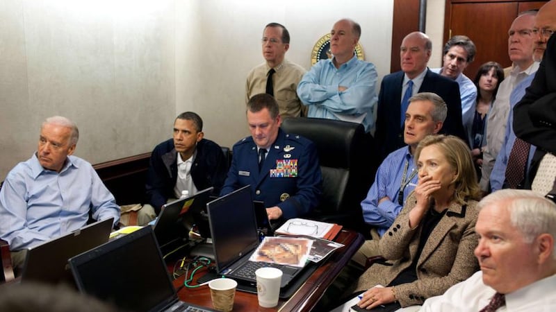 Memorable scene of White House situation room where president Barack Obama and vice-president Joe Biden, along with secretary of state Hillary Clinton and members of the national security team receive an update on the mission against Osama bin Laden on May 1st, 2011. Photograph: Pete Souza/Reuters