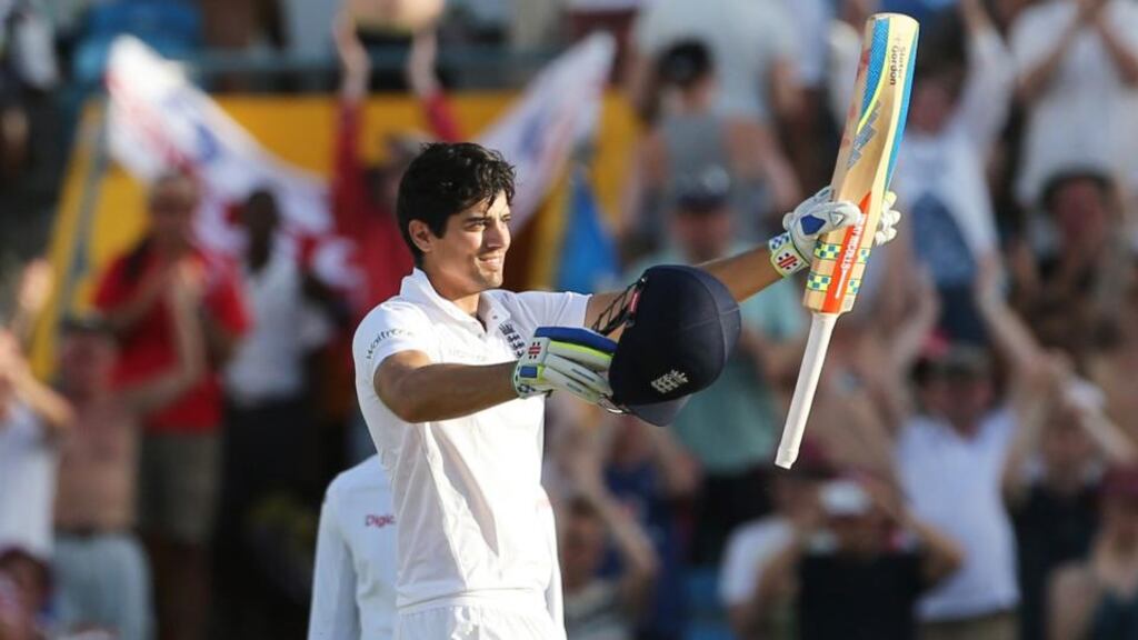 Alistair Cook made his first century since 2013 as the West Indies enjoyed the better of day one of the third test in Barbados. Photograph: Afp