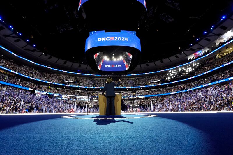 US election: Kamala Harris speaks on the fourth day of the Democratic National Convention at the United Center in Chicago. Photograph: Kent Nishimura/The New York Times