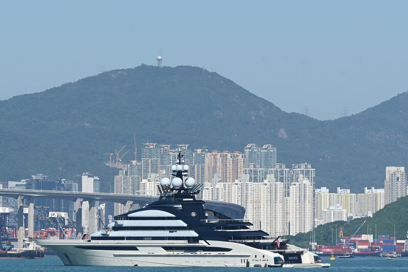 The luxury megayacht Nord, reportedly tied to Russian billionaire Alexey Mordashov, is seen anchored in Hong Kong waters in October 2022, months after Mordashov was targetted by sanctions by the EU, US and UK. Photograph: Peter Parks/AFP via Getty Images