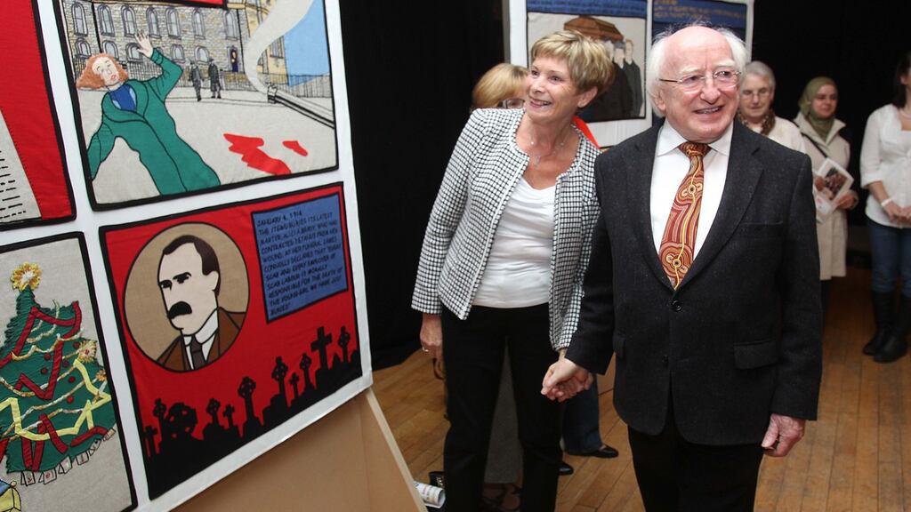 President Michael D Higgins launched a Tapestry depicting scenes and imagery from the 1913 Lockout at Liberty Hall in Dublin this afternoon. Photograph: Stephen Collins/Collins Photos