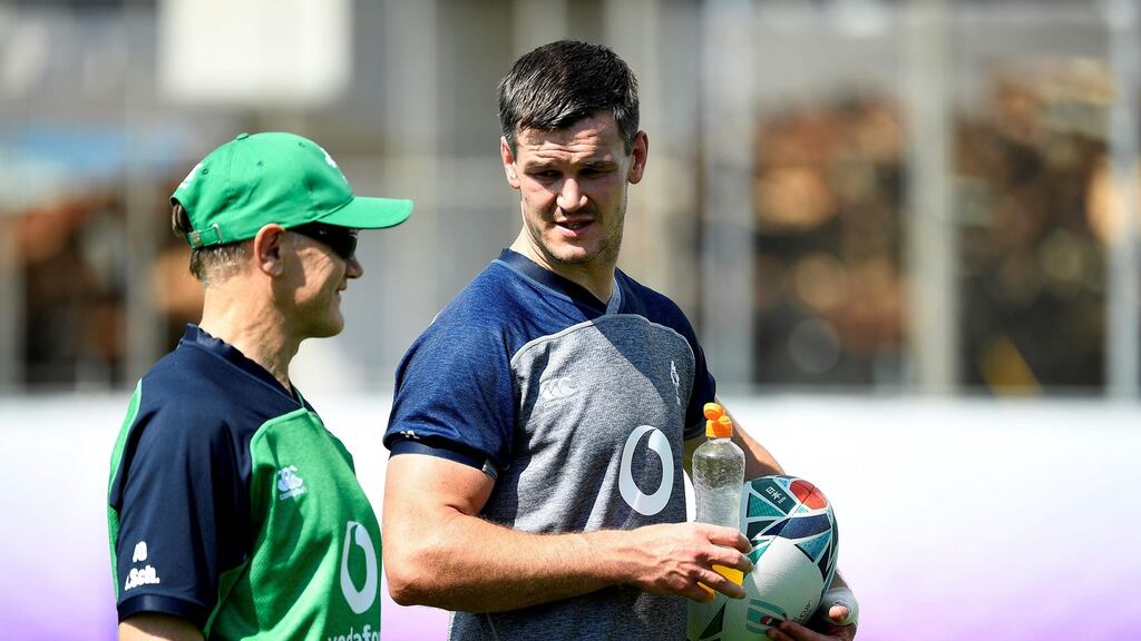 Ireland’s head coach Joe Schmidt and outhalf Jonathan Sexton take part in a training session at the Steelers Training Ground in Kobe this morning. Photograph: Getty Images